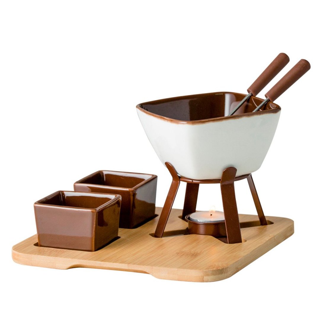 Imagem ilustrativa para Aparelho de fondue com base em bambu 08 peças L19,7xP19,7xA13cm cor branca e marrom