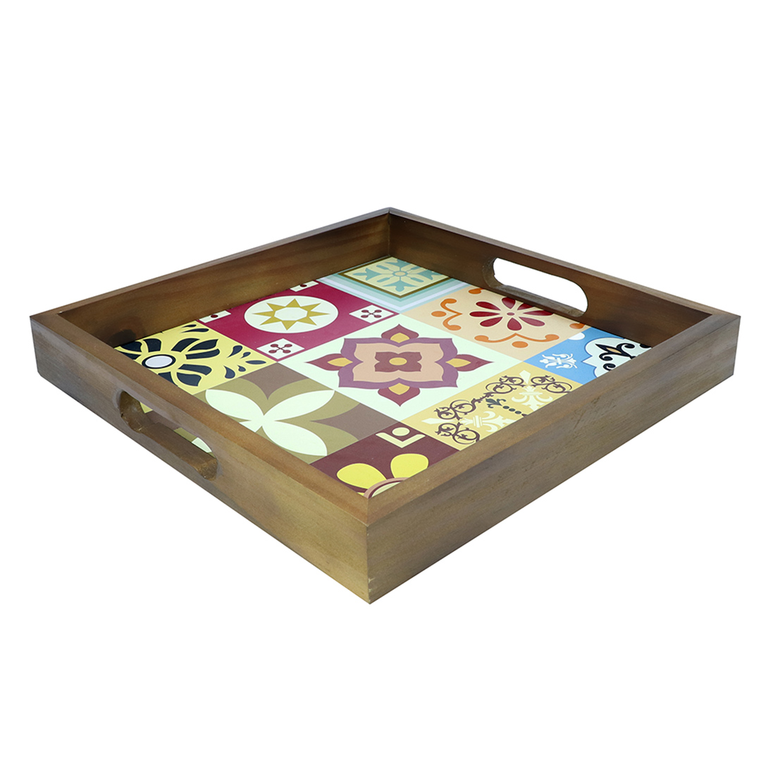 Imagem ilustrativa para Bandeja quadrada de madeira natural azulejo com alça L35xP35xA5cm colorido