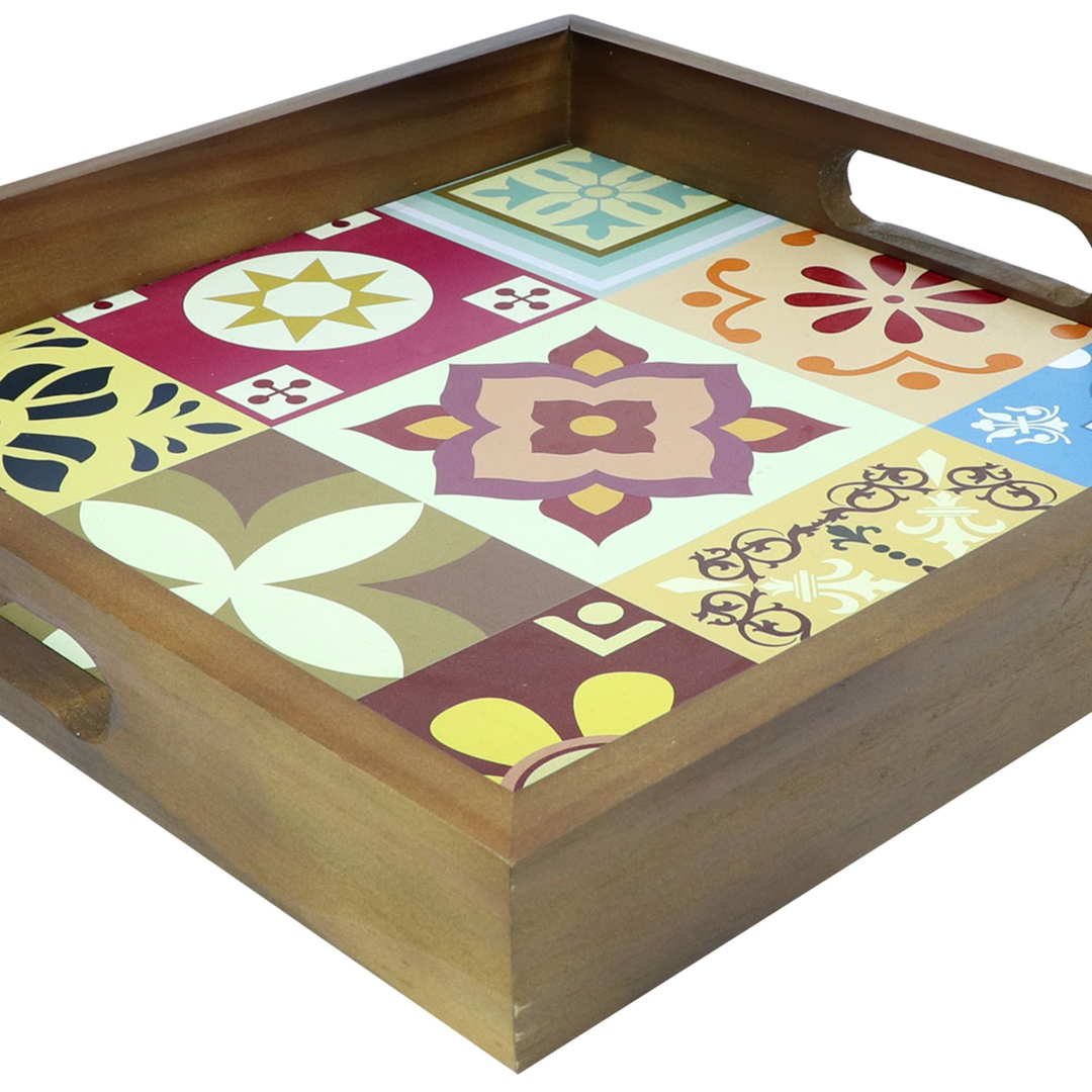 Fotografia para o produto Bandeja quadrada de madeira com alça L35xP35xA5cm colorido