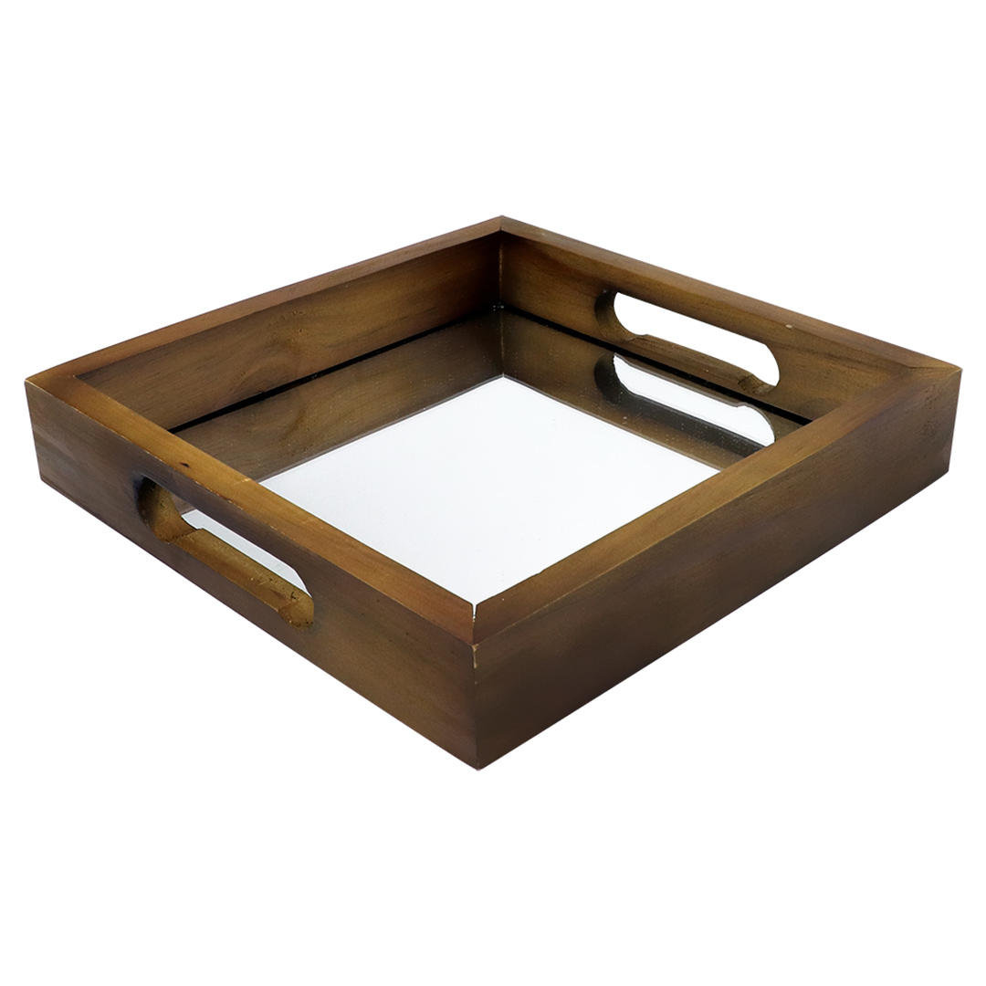 Fotografia para o produto Bandeja quadrada de madeira com espelho e alça L27xP27xA5cm