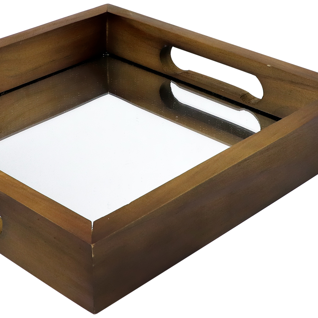 Fotografia para o produto Bandeja quadrada de madeira com espelho e alça L27xP27xA5cm