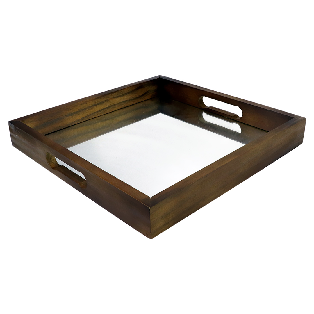 Fotografia para o produto Bandeja quadrada de madeira com espelho e alça L36xP36xA5cm