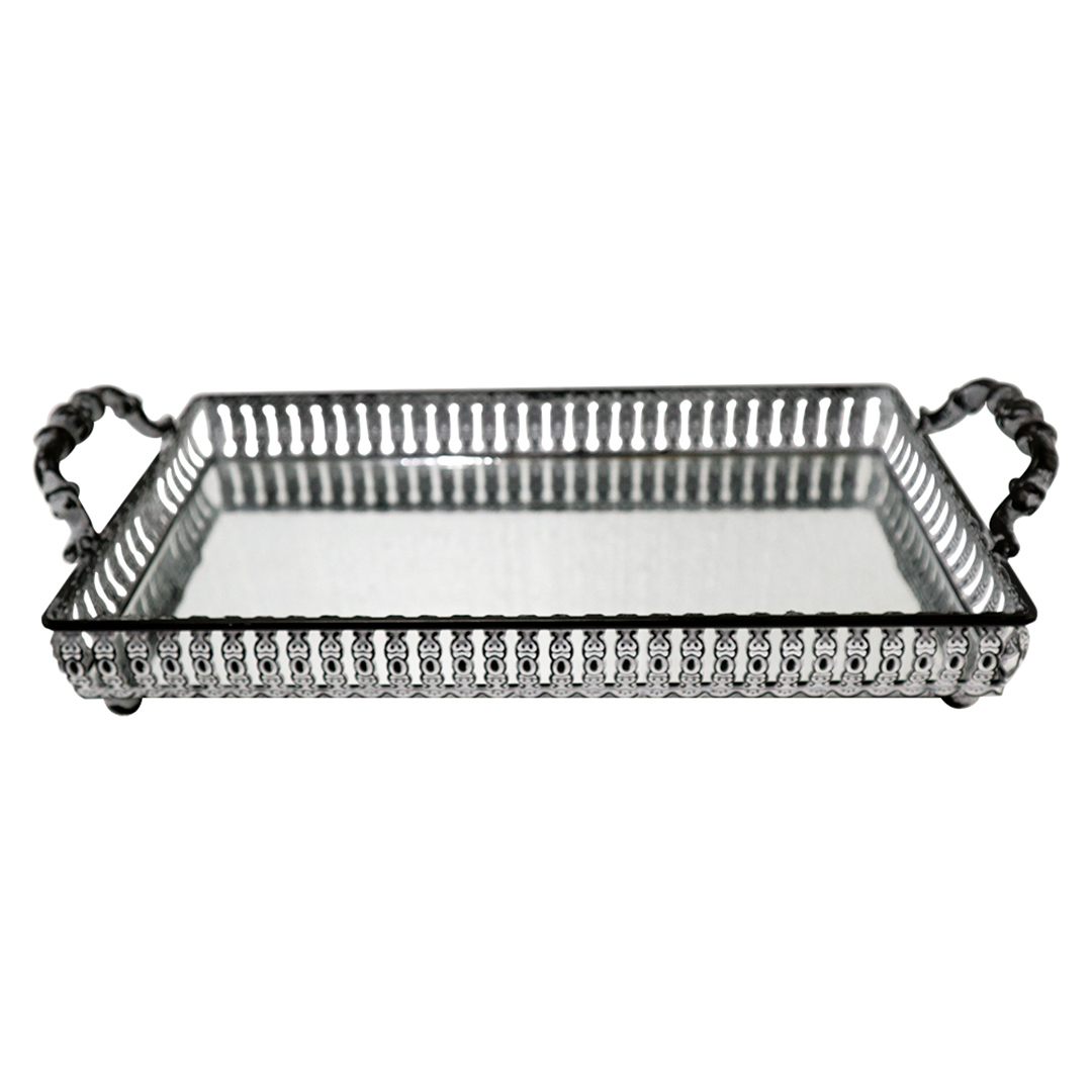 Imagem ilustrativa para Bandeja retangular em ferro com espelho e alça L33xP16xA8cm cor prata