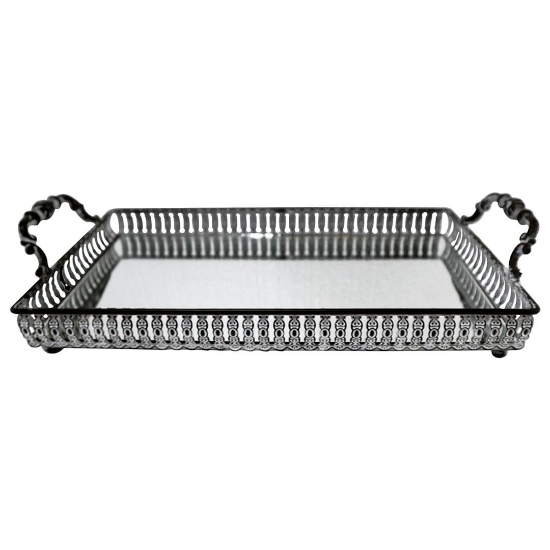 Imagem ilustrativa para Bandeja retangular em ferro com espelho e alça L38xP19xA8,5cm cor prata