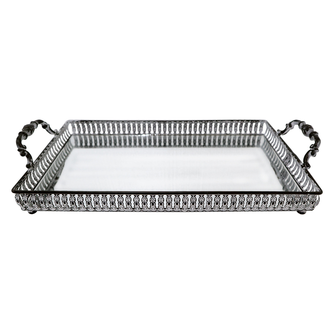 Imagem ilustrativa para Bandeja retangular em ferro com espelho e alça L41,5xP22xA8,5cm cor prata