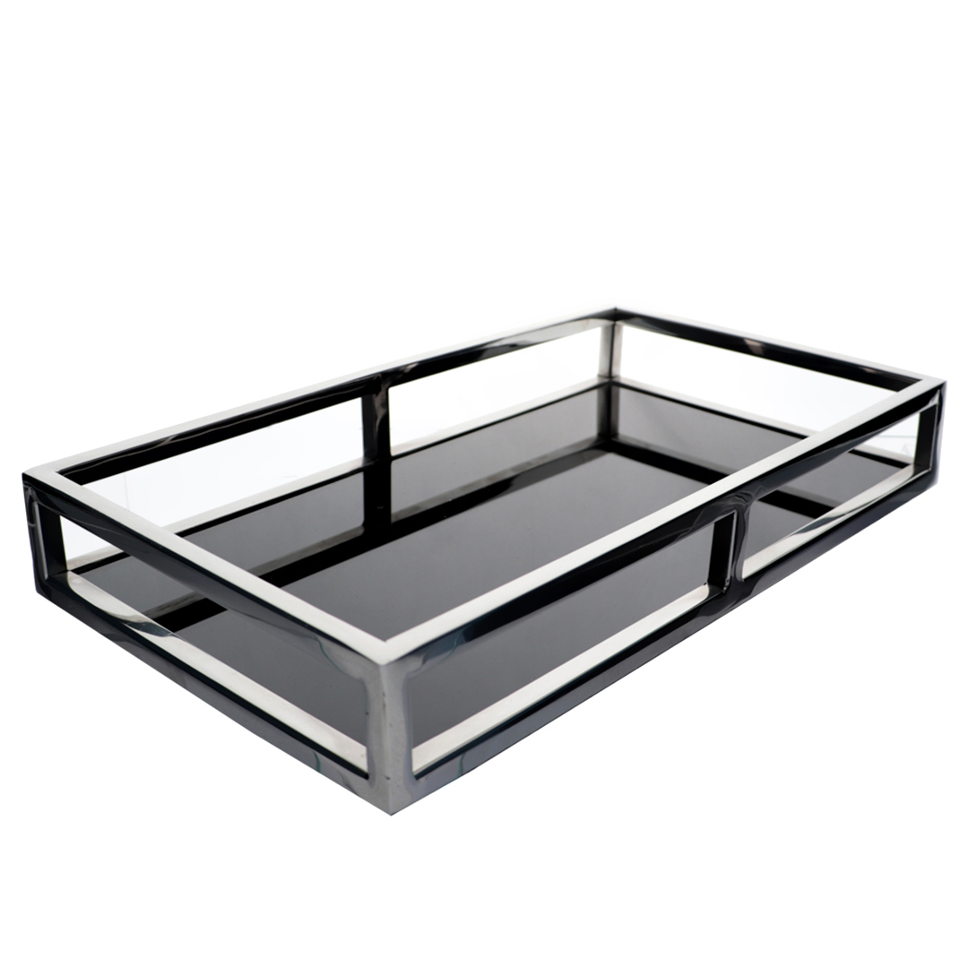 Imagem ilustrativa para Bandeja retangular em aço inox e vidro preto L35xP20xA5cm