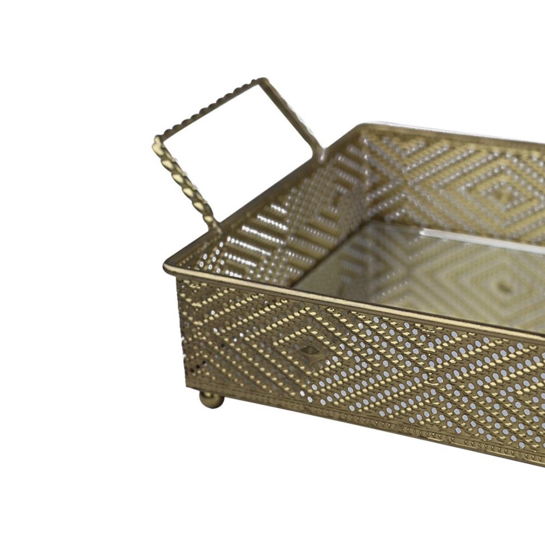 Fotografia para o produto Bandeja retangular em ferro com espelho e alça L35xP16xA9cm cor dourada