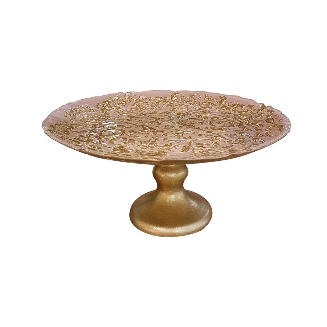 Imagem ilustrativa para Centro de mesa em vidro com pé Ø21xA10cm cor rosa e dourado