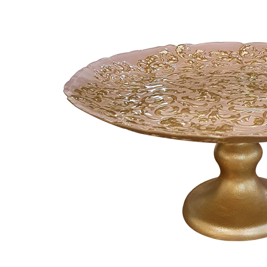 Fotografia para o produto Centro de mesa em vidro com pé Ø21xA10cm cor rosa e dourado