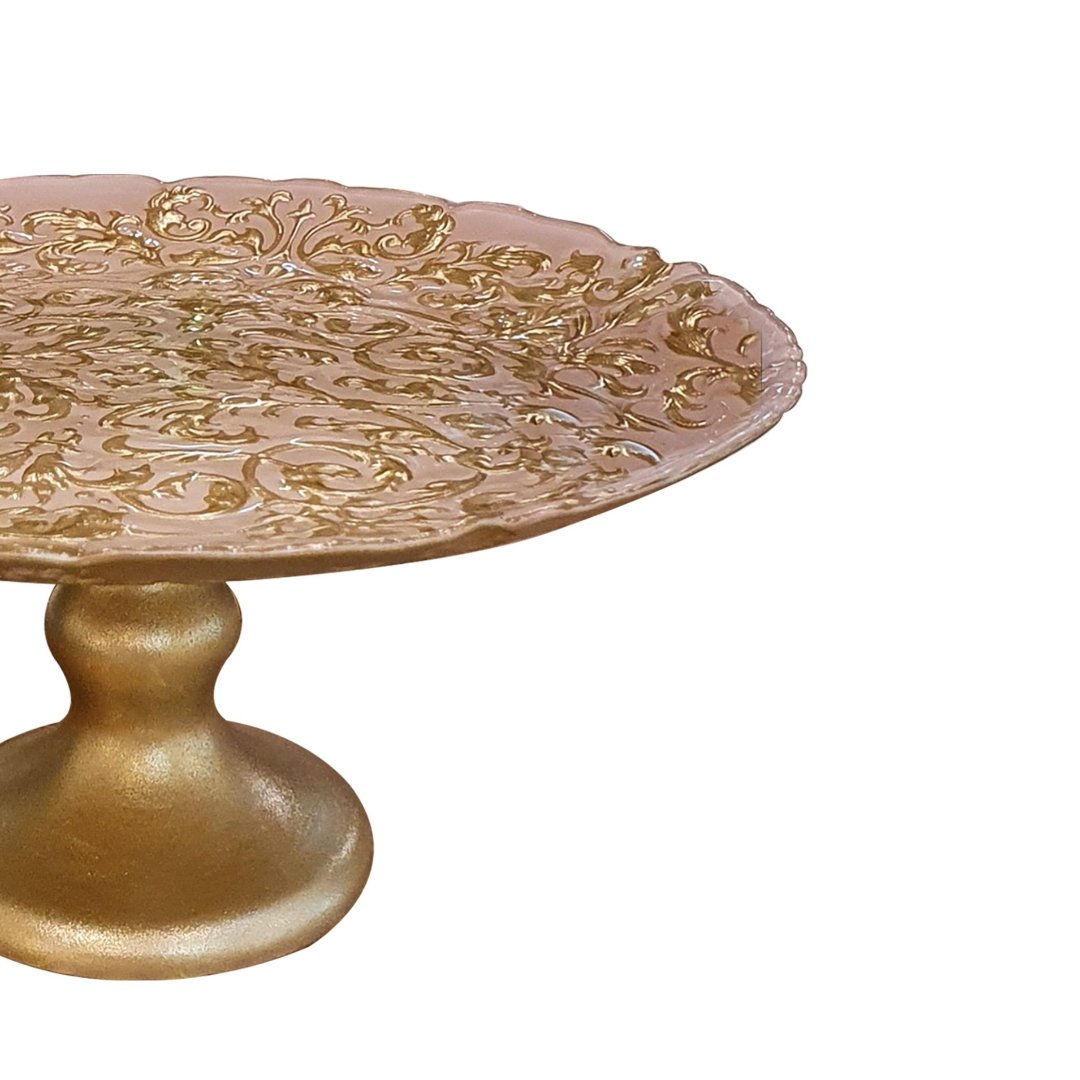 Fotografia para o produto Centro de mesa em vidro com pé Ø21xA10cm cor rosa e dourado