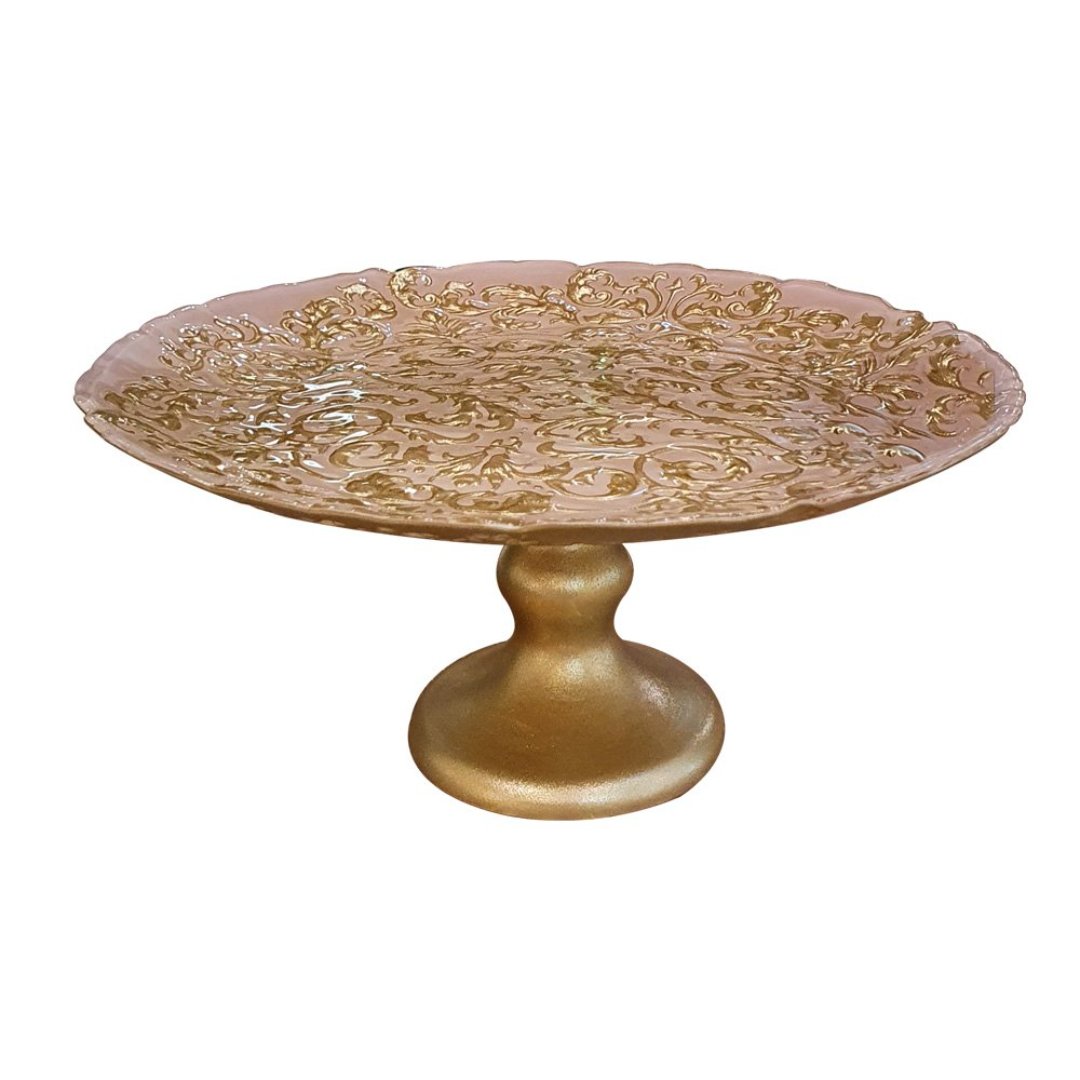 Imagem ilustrativa para Centro de mesa em vidro com pé Ø29xA14,5cm cor rosa e dourado