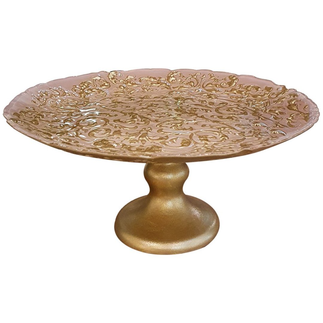 Imagem ilustrativa para Centro de mesa em vidro com pé Ø32xA15cm cor rosa e dourado