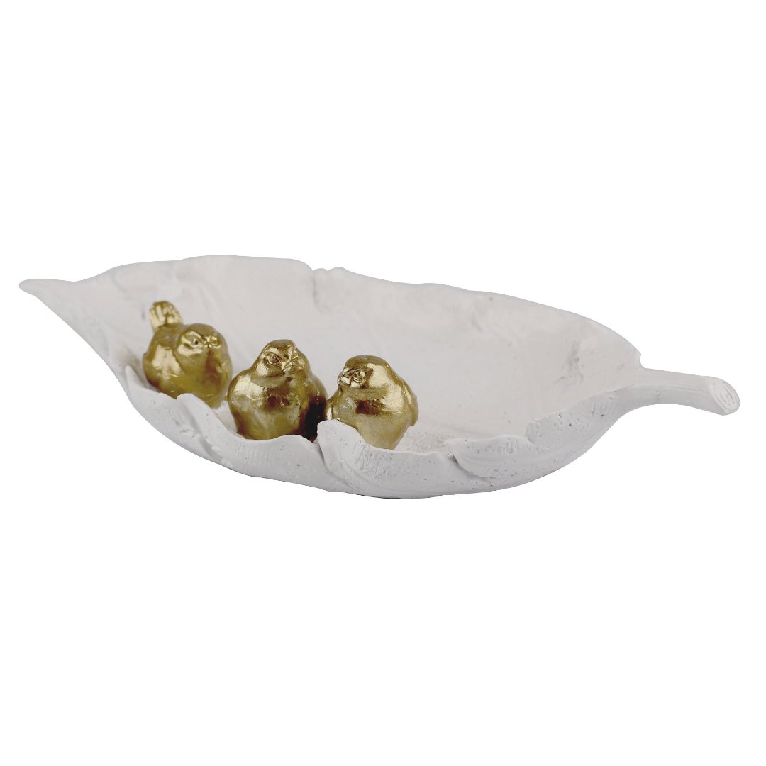 Imagem ilustrativa para Enfeite mini folha em poliresina com pássaros L20,5xP9xA3,5cm cor branca e dourada