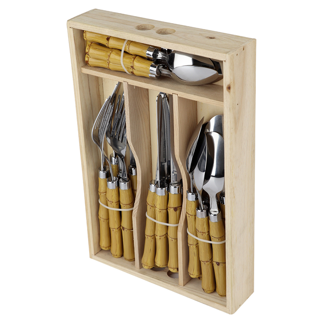 Fotografia para o produto Faqueiro com 24 peças em aço inox com cabo estilo bambu em caixa de madeira