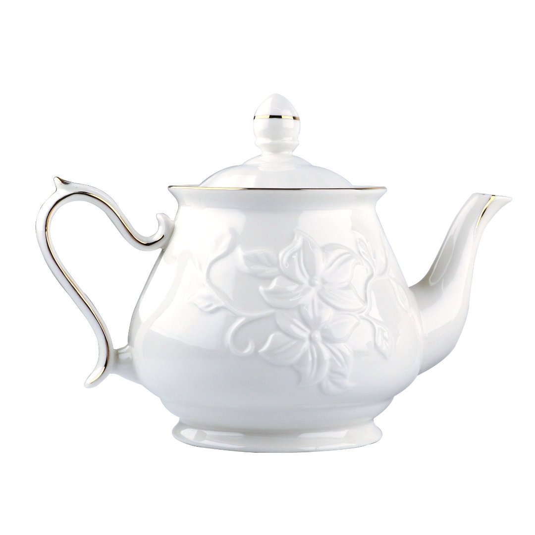 Fotografia para o produto Jogo de 12 peças Scarlet para chá com bule e açucareiro em new bone china cor branca e dourado