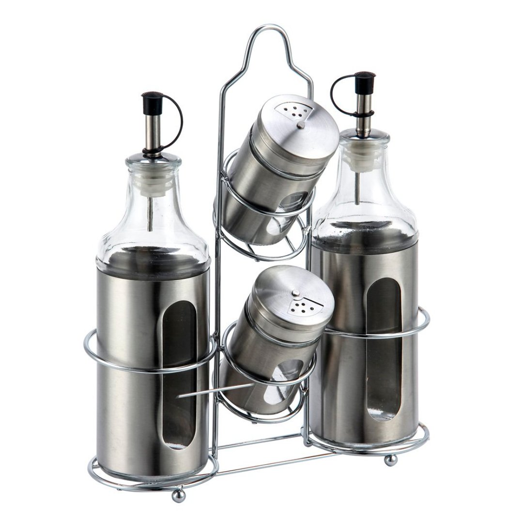 Imagem ilustrativa para Jogo de 2 galheteiros e 2 porta condimentos em vidro com suporte em aço inox L21,6xP7,7xA27,3cm