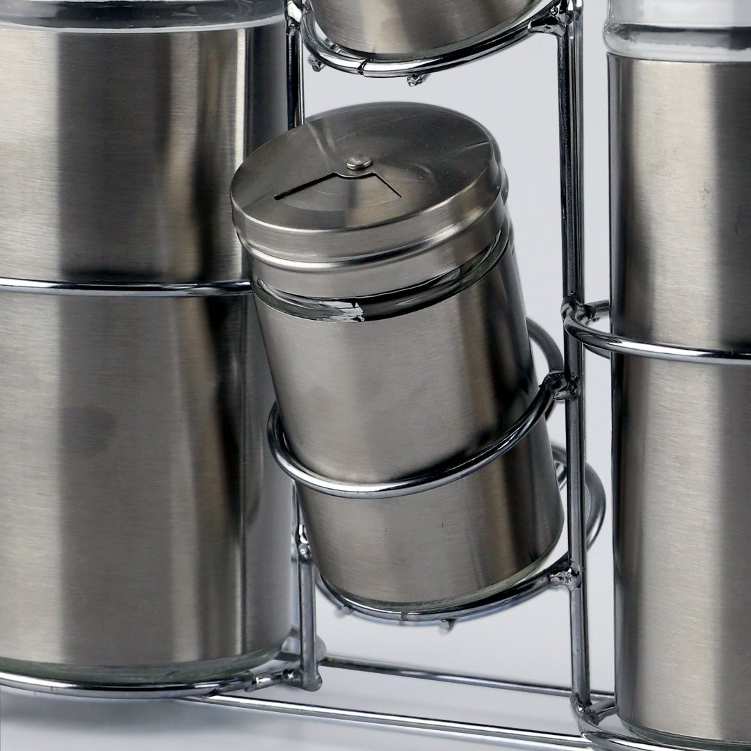Fotografia para o produto Jogo de 2 galheteiros e 2 porta condimentos em vidro com suporte em aco inox L21,6xP7,7xA27,3cm