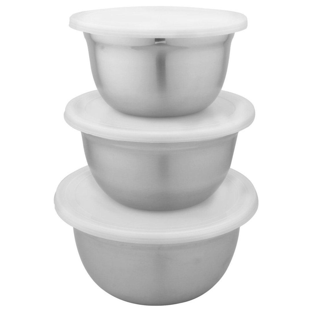 Imagem ilustrativa para Jogo de 3 bowls em aço inox com tampa em plástico 700ml/950ml/1,4L