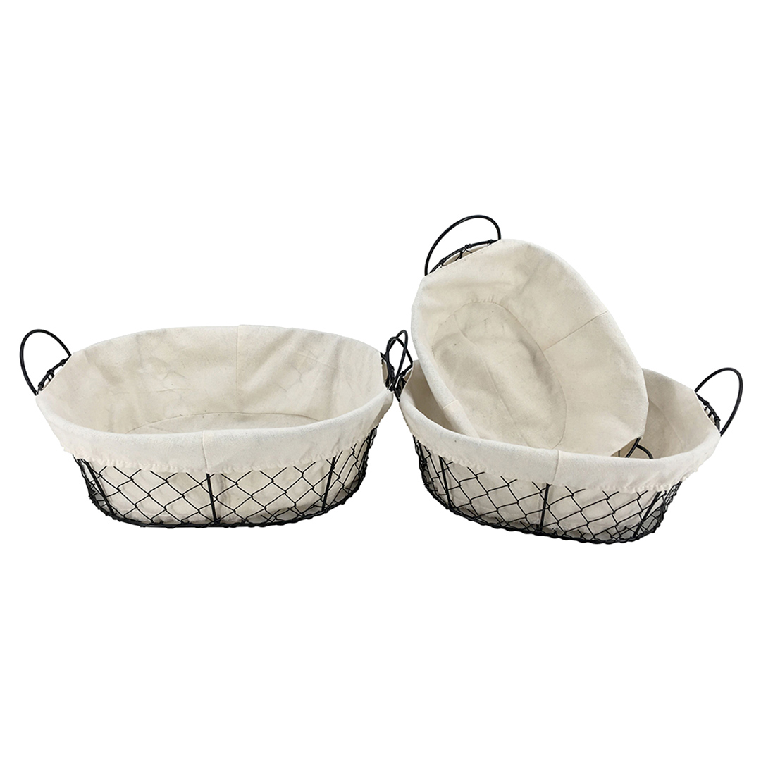 Fotografia para o produto Jogo de 3 cestas ovais com alça em ferro e tecido 35x28/31x24/27x20