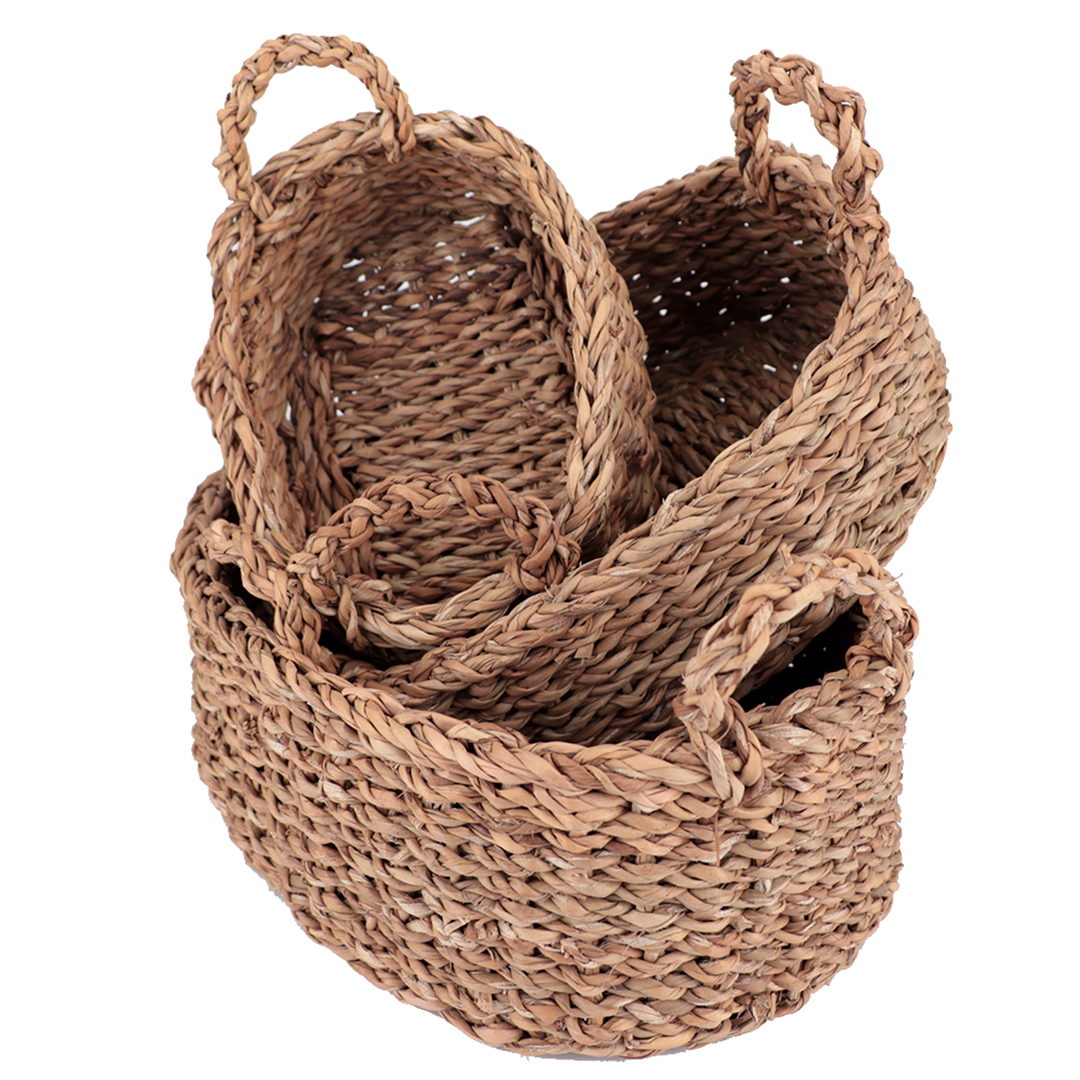 Imagem ilustrativa para Jogo de 3 cestas ovais em fibra natural com alça 36x26x11/31x21x9/24x17x7
