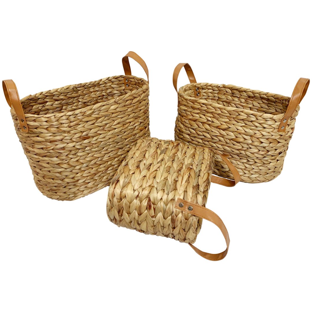 Fotografia para o produto Jogo de 3 cestas ovais Terra em fibra natural com alca em couro L39xP21xA26/L33xP19xA24/L27xP16xA22