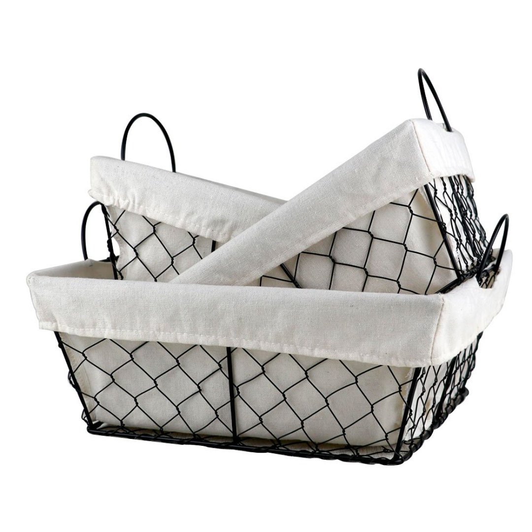 Fotografia para o produto Jogo de 3 cestas quadradas Terra com alça em ferro e tecido 30x30/26x26/22x22cm