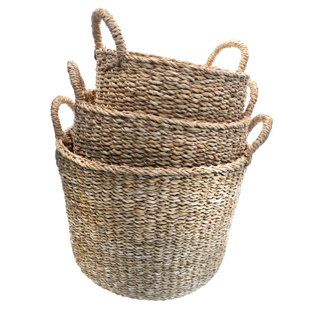 Fotografia para o produto Jogo de 3 cestas redondas com alça em fibra natural Ø40xA35cmØ35xA32cmØ30xA29cm