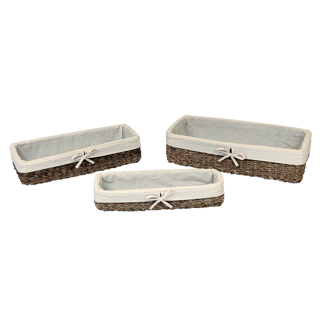 Imagem ilustrativa para Jogo de 3 cestas retangulares em fibra natural com tecido 45x20x11/40x16x9/36x12x7