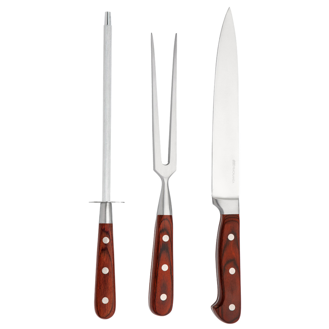 Imagem ilustrativa para Jogo de 3 peças (Faca, Garfo e chaira) em aço inox forjado