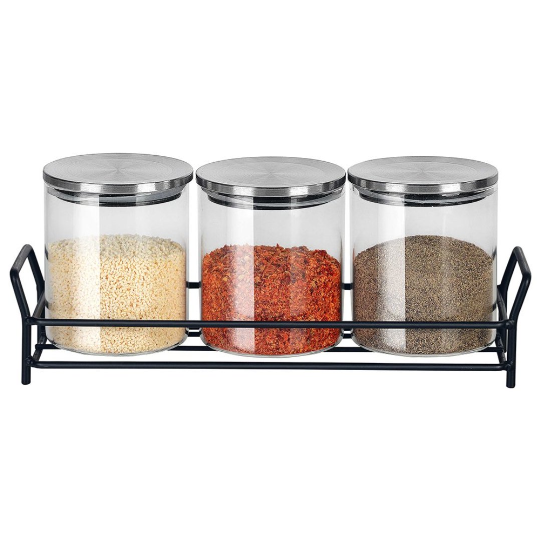 Imagem ilustrativa para Jogo de 3 porta condimentos em vidro borossilicato com tampa e suporte em metal 350ml Ø8xA9cm