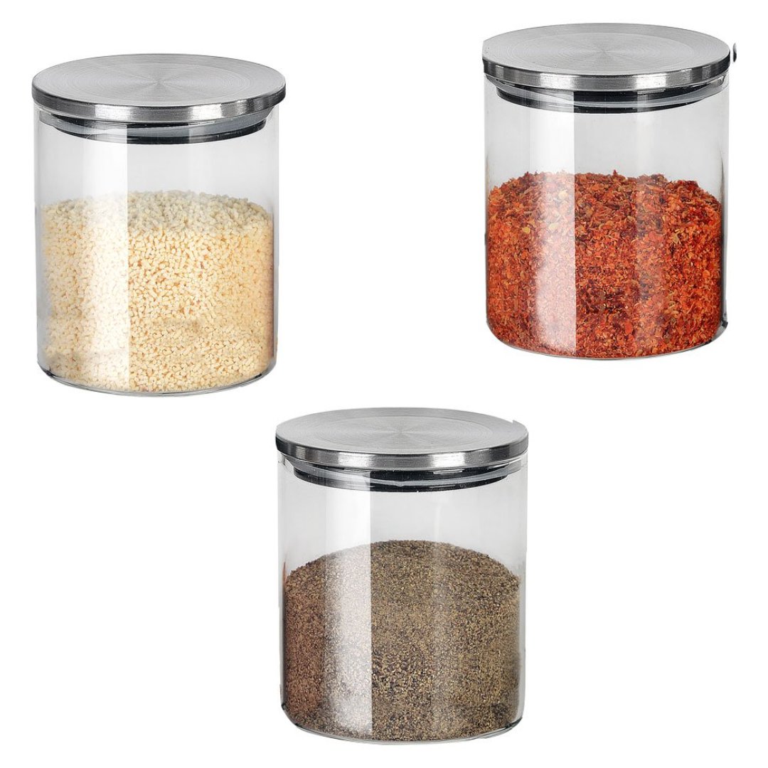 Fotografia para o produto Jogo de 3 porta condimentos em vidro borossilicato com tampa e suporte em metal 350ml Ø8xA9cm