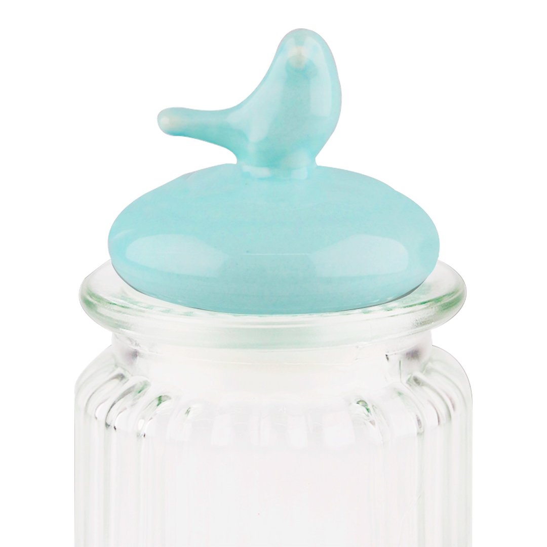 Fotografia para o produto Jogo de 3 porta mantimentos em vidro com tampa azul em cerâmica 300ml Ø8xA10,4cm