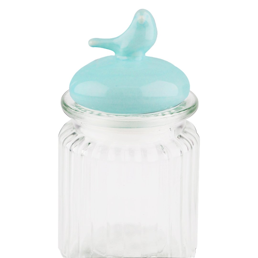 Fotografia para o produto Jogo de 3 porta mantimentos em vidro com tampa azul em cerâmica 300ml Ø8xA10,4cm