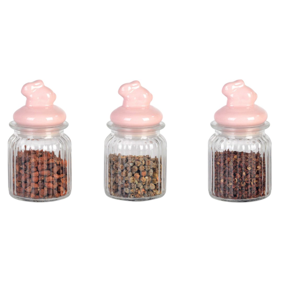 Imagem ilustrativa para Jogo de 3 porta mantimentos em vidro com tampa rosa em cerâmica 300ml Ø8xA10,4cm