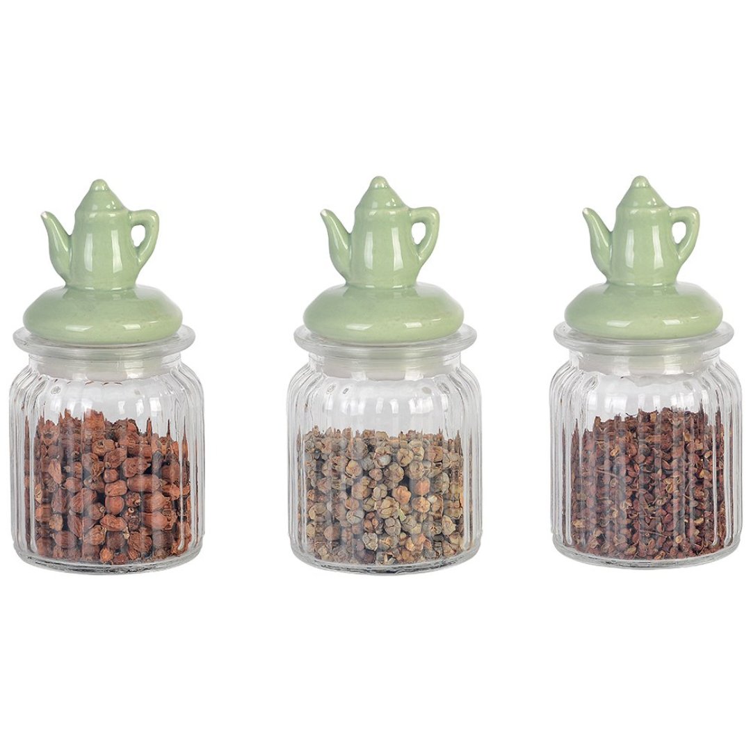 Fotografia para o produto Jogo de 3 porta mantimentos em vidro com tampa verde em cerâmica 300ml Ø8xA10,4cm Fotografia para o produto Jogo de 3 porta mantimentos em vidro com tampa verde em cerâmica 300ml Ø8xA10,4cm