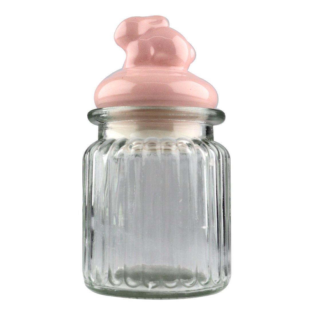 Fotografia para o produto Jogo de 3 porta mantimentos em vidro com tampa rosa em cerâmica 300ml Ø8xA10,4cm