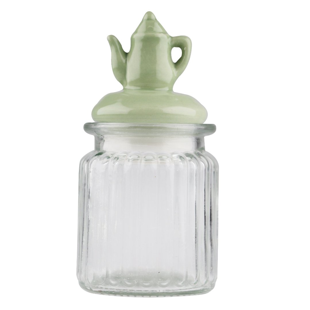 Fotografia para o produto Jogo de 3 porta mantimentos em vidro com tampa verde em cerâmica 300ml Ø8xA10,4cm