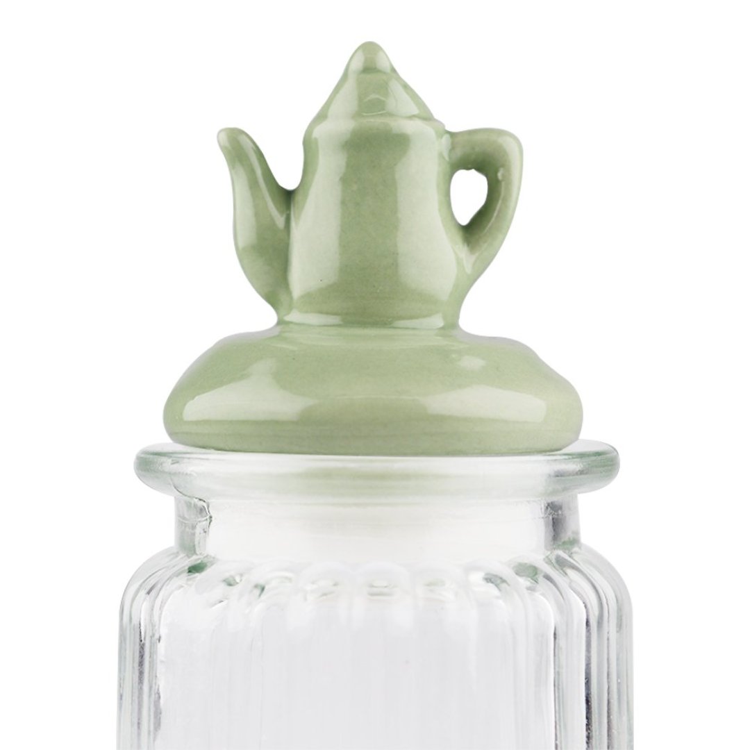 Fotografia para o produto Jogo de 3 porta mantimentos em vidro com tampa verde em cerâmica 300ml Ø8xA10,4cm