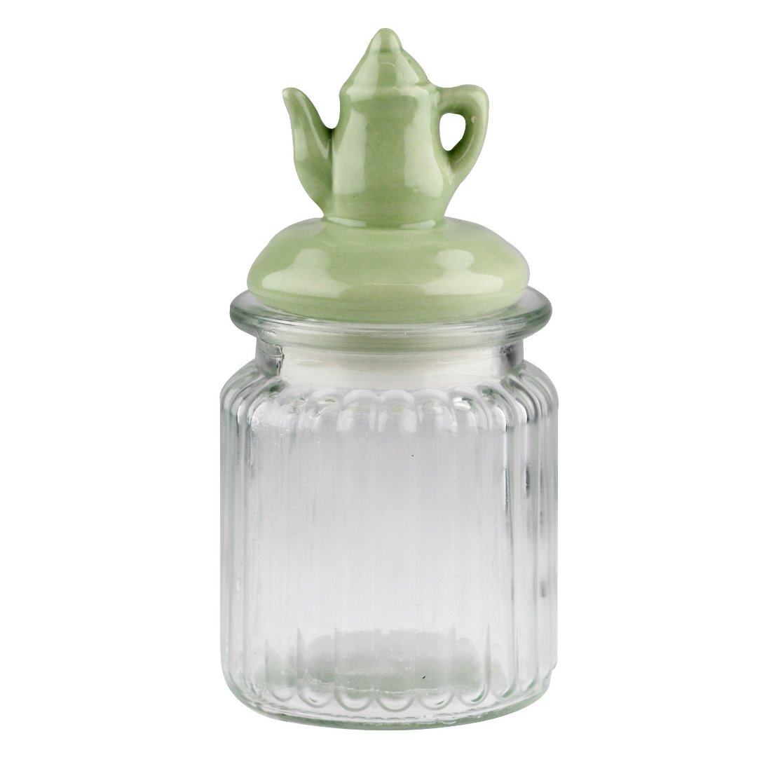 Fotografia para o produto Jogo de 3 porta mantimentos em vidro com tampa verde em cerâmica 300ml Ø8xA10,4cm