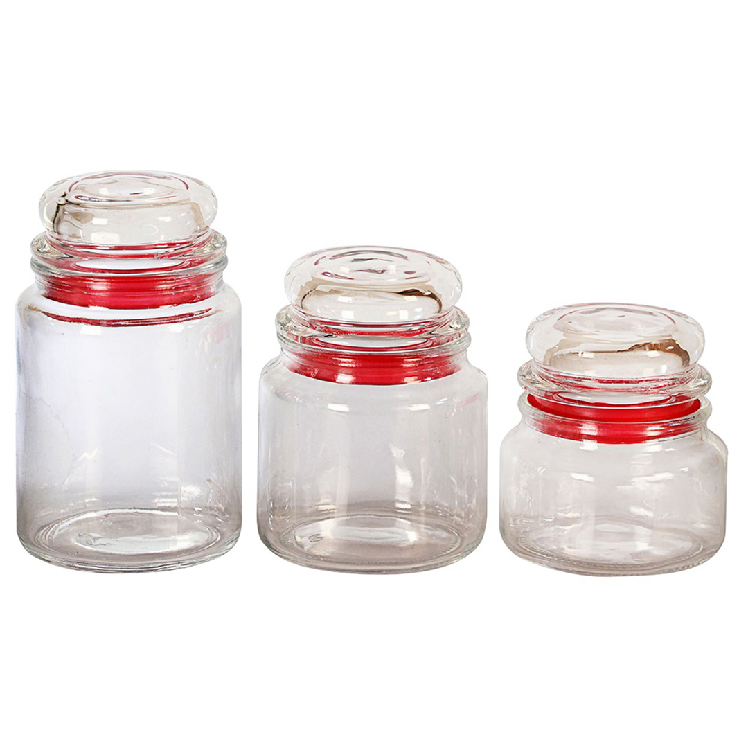 Fotografia para o produto Jogo de 3 porta mantimentos em vidro liso com tampa vermelha 250/550/750ml