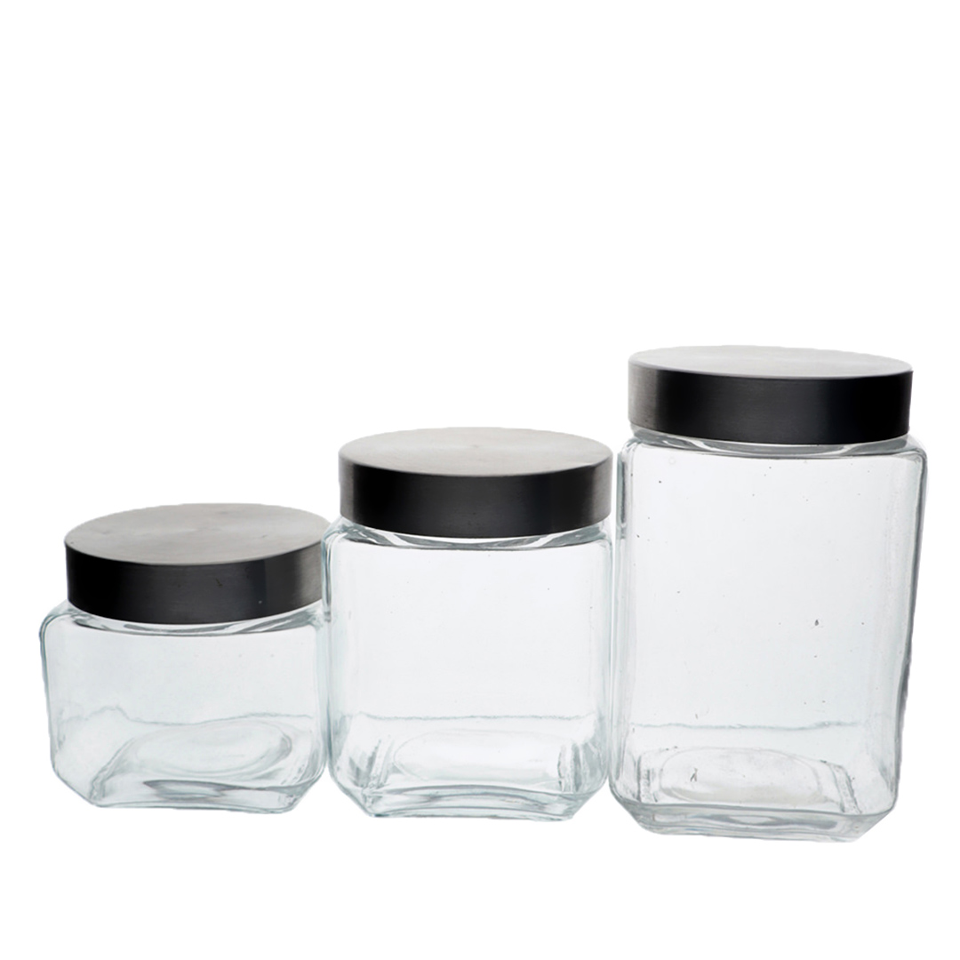 Imagem ilustrativa para Jogo de 3 porta mantimentos quadrados em vidro liso com tampa 790ml/1,2L/1,6L