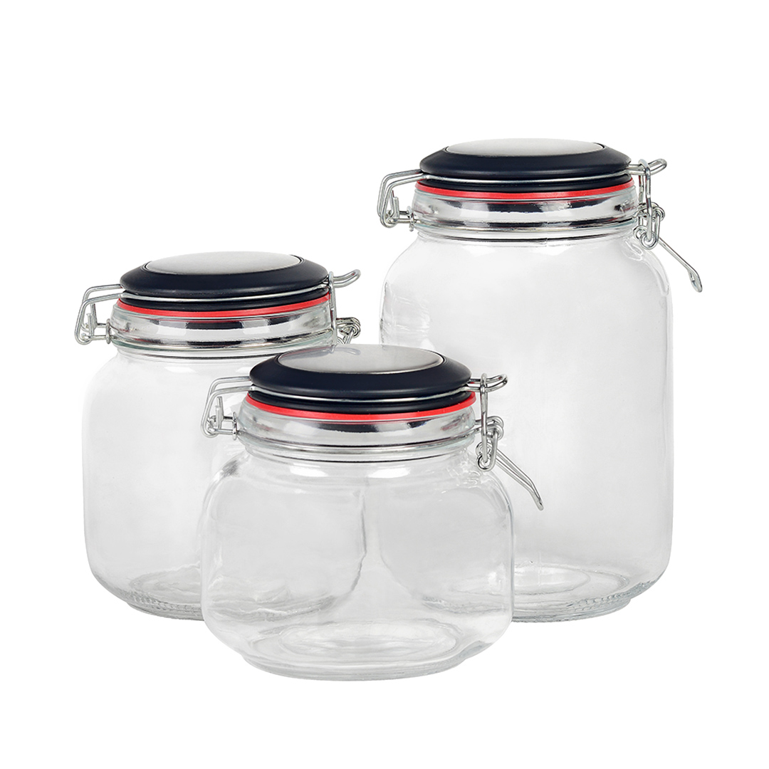 Fotografia para o produto Jogo de 3 porta mantimentos redondos em vidro liso 800ml/1L/1,5L Fotografia para o produto Jogo de 3 porta mantimentos redondos em vidro liso 800ml/1L/1,5L