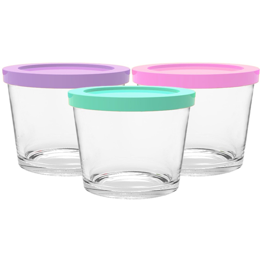 Imagem ilustrativa para Jogo de 3 potes em vidro com tampa plástica 220ml colorido