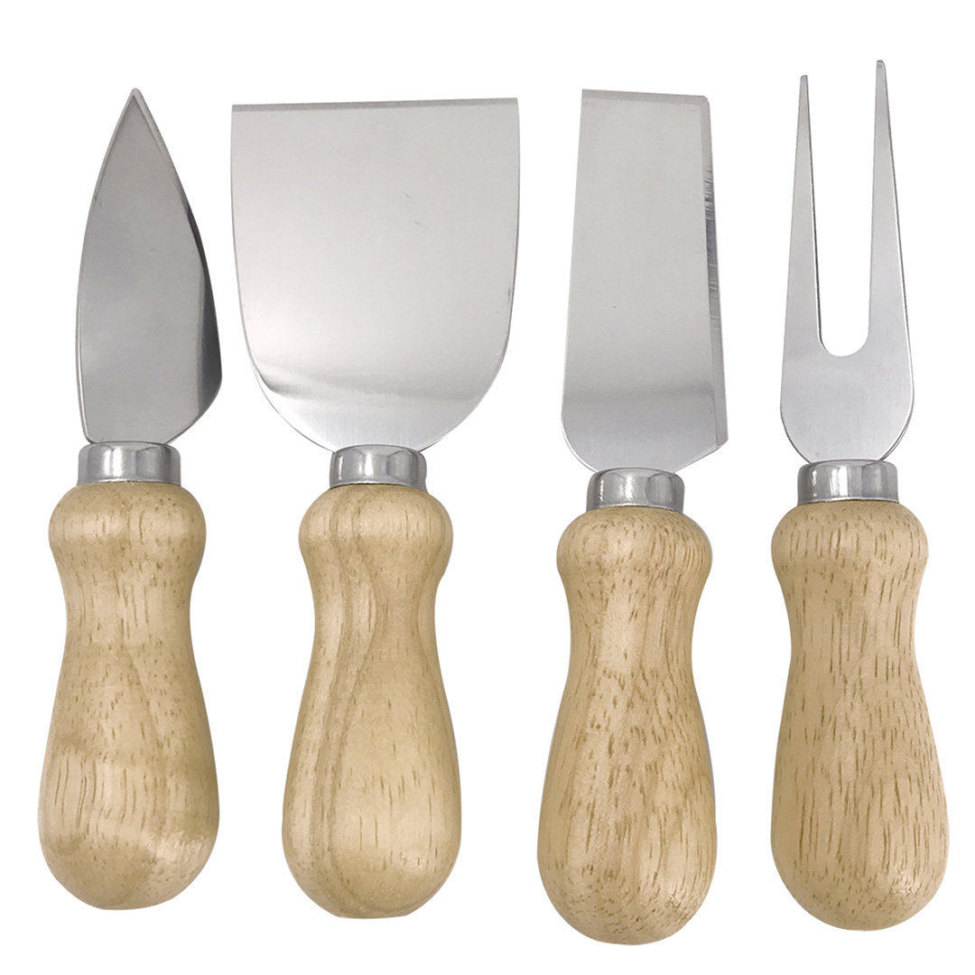 Imagem ilustrativa para Jogo de 4 peças para queijo em aço inox com cabo em madeira