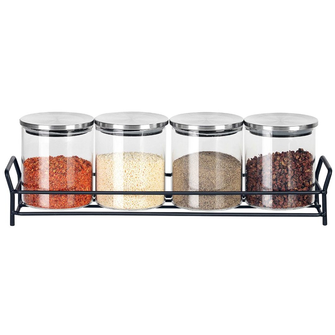 Imagem ilustrativa para Jogo de 4 porta condimentos em vidro borossilicato com tampa e suporte em metal 350ml Ø8xA9cm