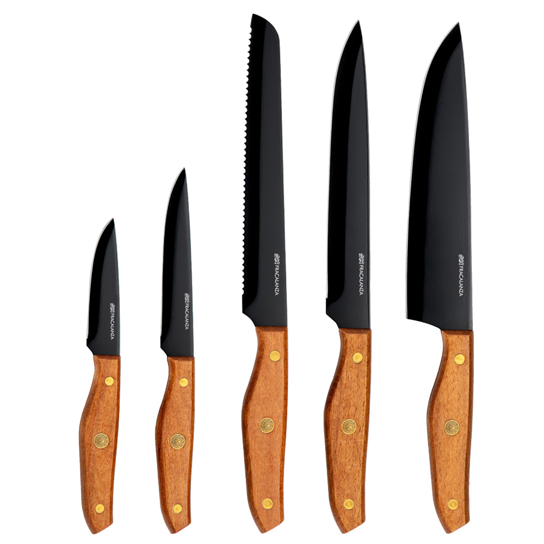 Fotografia para o produto Jogo de 5 facas em aço inox lamina preta com cabo e cepo de madeira