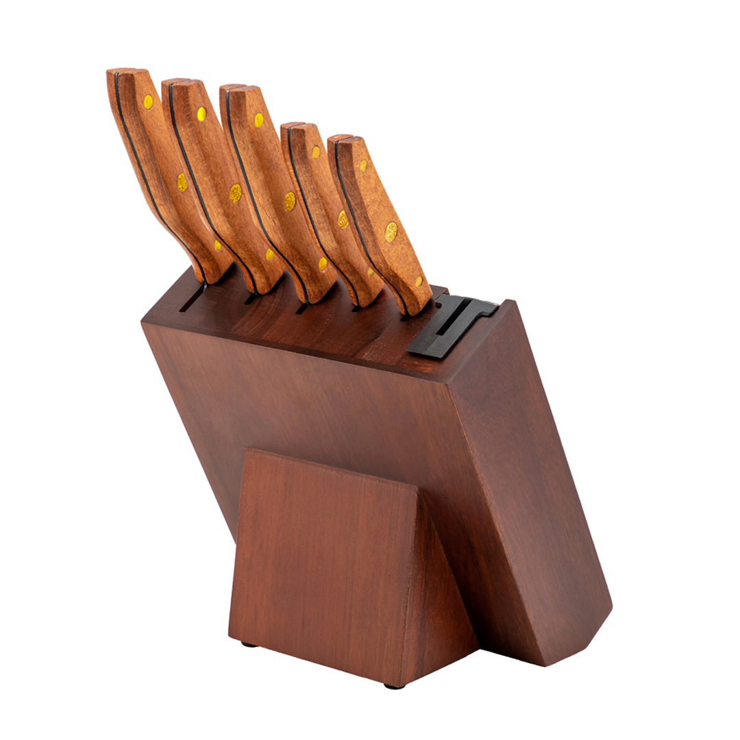 Fotografia para o produto Jogo de 5 facas em aço inox lamina preta com cabo e cepo de madeira