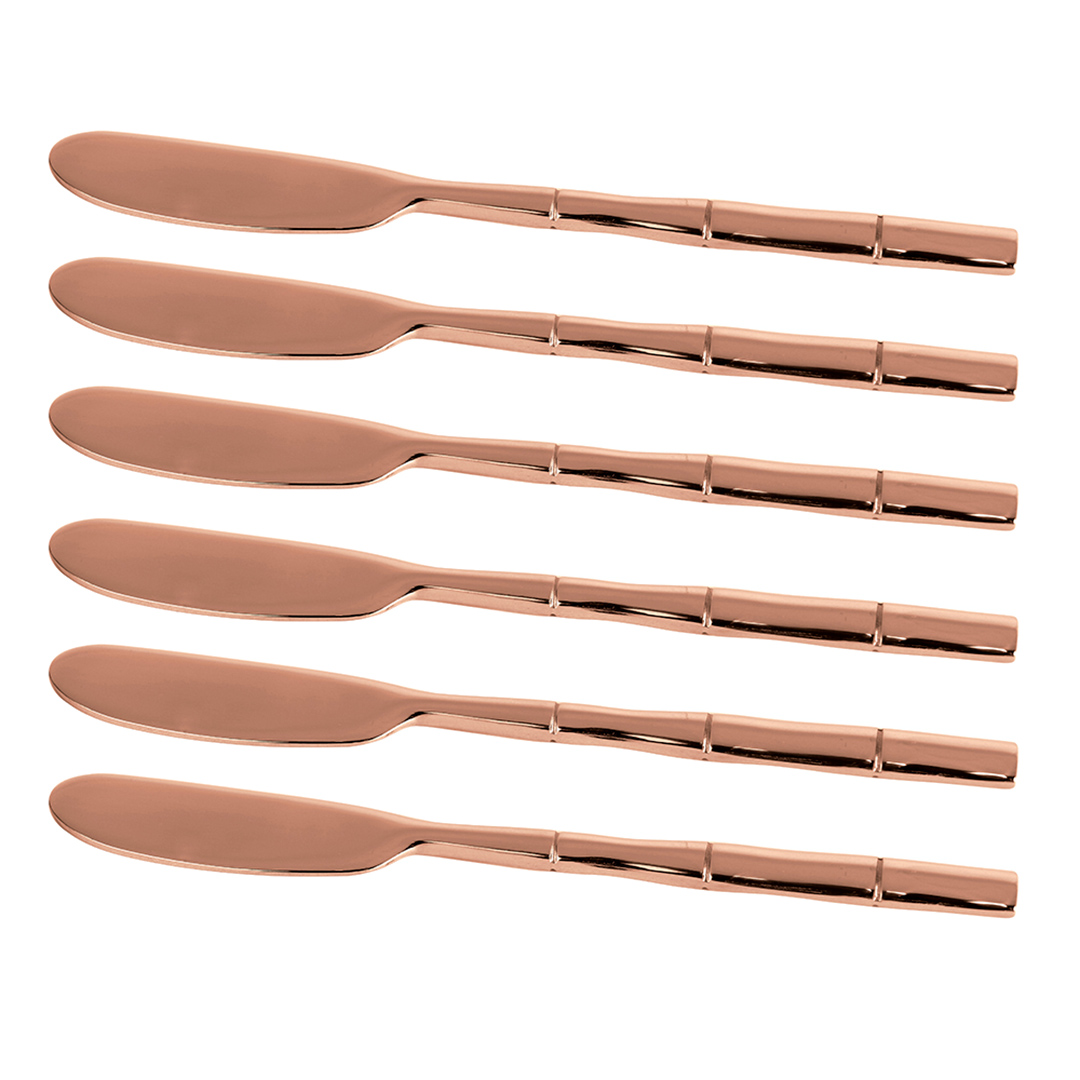 Fotografia para o produto Jogo de 6 espátulas em aço inox com cabo estilo bambu cor cobre e caixa cor preta