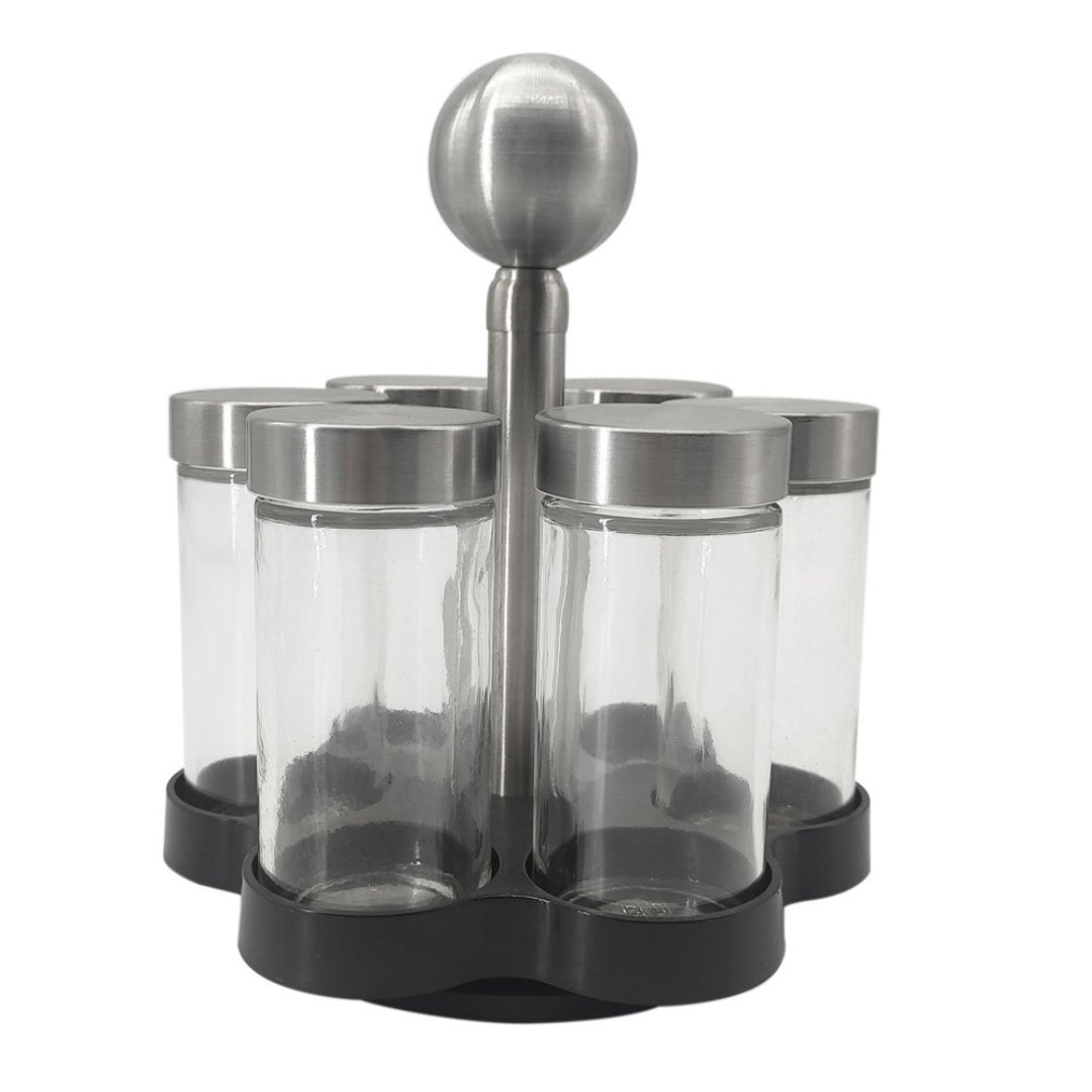 Imagem ilustrativa para Jogo de 6 porta condimentos em aço inox com suporte giratório em plástico Ø15xA18cm