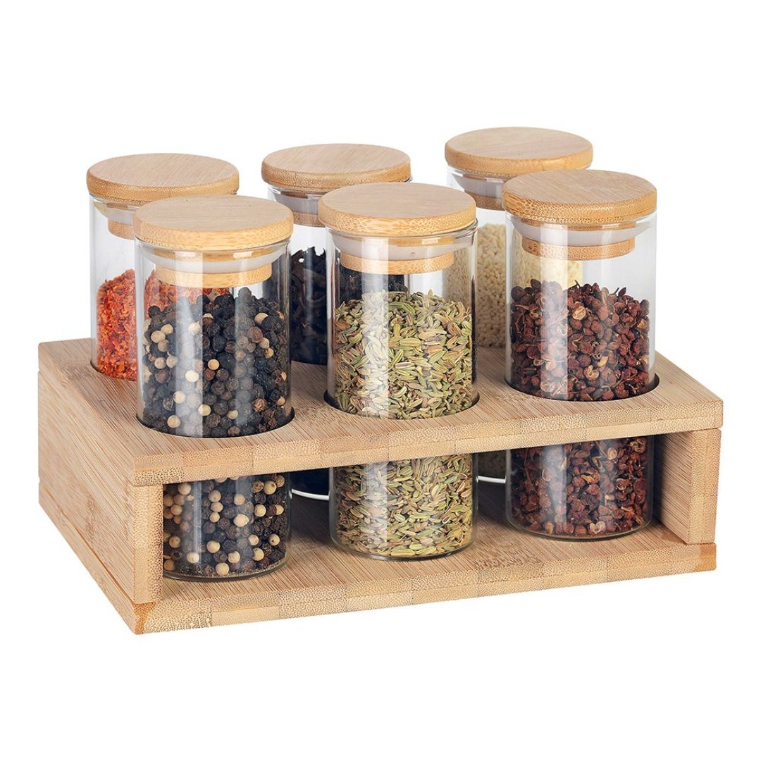 Fotografia para o produto Jogo de 6 porta condimentos com suporte em bambu 160ml L22,5xP13,5xA13cm Fotografia para o produto Jogo de 6 porta condimentos com suporte em bambu 160ml L22,5xP13,5xA13cm